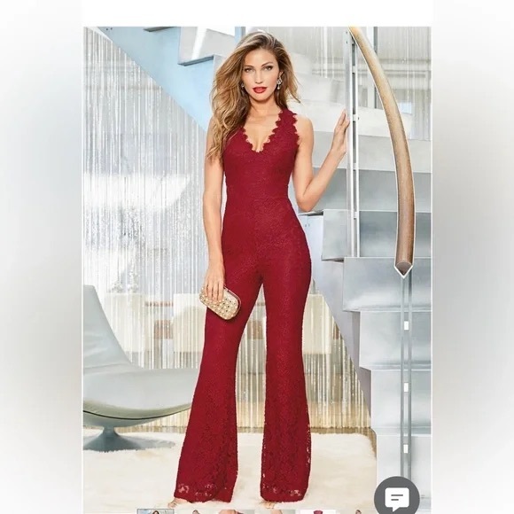 VENUS Pants - VENUS Red Lace Jumpsuit